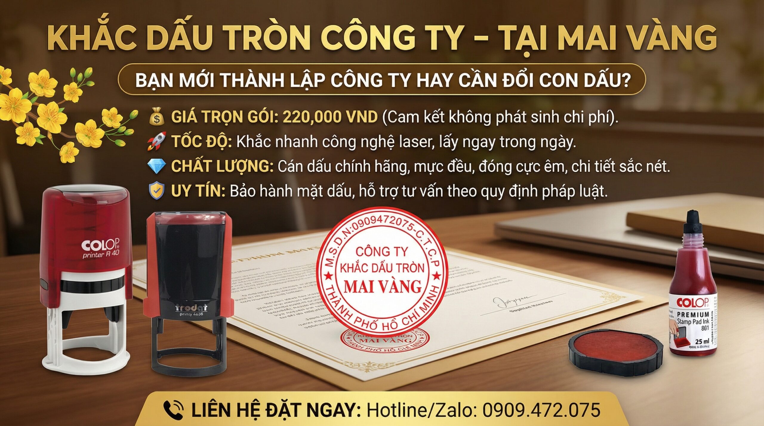 KHẮC DẤU TRÒN CÔNG TY – TẠI MAI VÀNGBạn vừa thành lập doanh nghiệp hoặc cần thay mới con dấu? Khắc Dấu Mai Vàng sẵn sàng phục vụ với dịch vụ uy tín nhất!